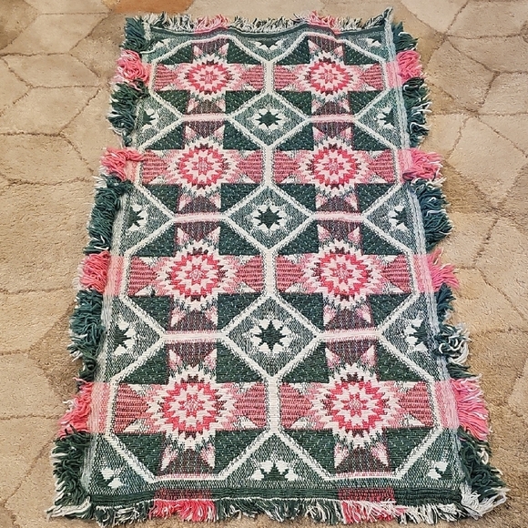 Area Rug Country Quilt Pattern Cotton Woven Fringe Vaccaro-Smith Green 40" X 22" - Picture 1 of 3